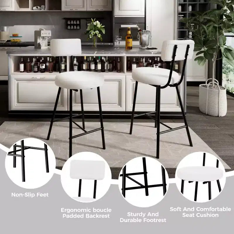 Tabouret de bar rond rembourré beige/gris avec dossier et repose-pieds, lot de 2/4