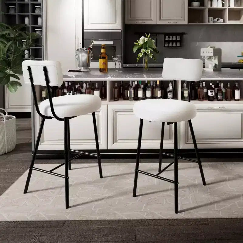 Tabouret de bar rond rembourré beige/gris avec dossier et repose-pieds, lot de 2/4
