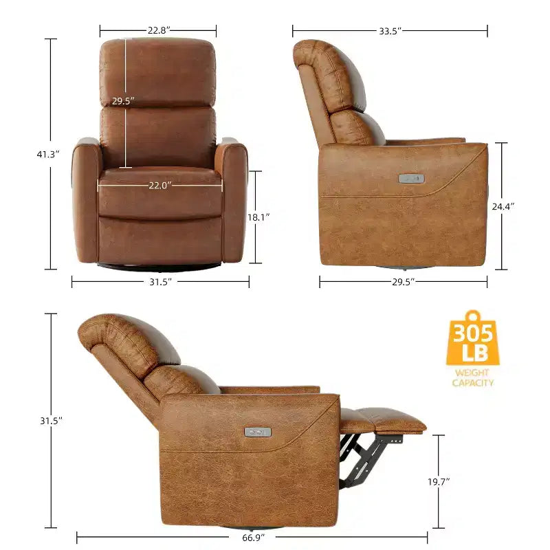 Fauteuil inclinable pivotant et basculant en similicuir beige/marron, une place