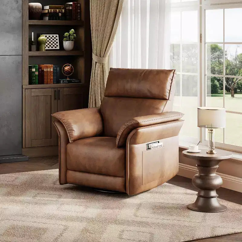 Fauteuil inclinable électrique en similicuir PU beige/marron/gris, fauteuil à bascule pivotant à 270°, une place