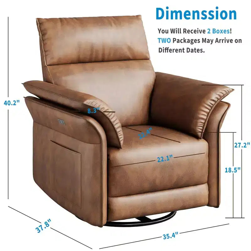 Fauteuil inclinable électrique en similicuir PU beige/marron/gris, fauteuil à bascule pivotant à 270°, une place