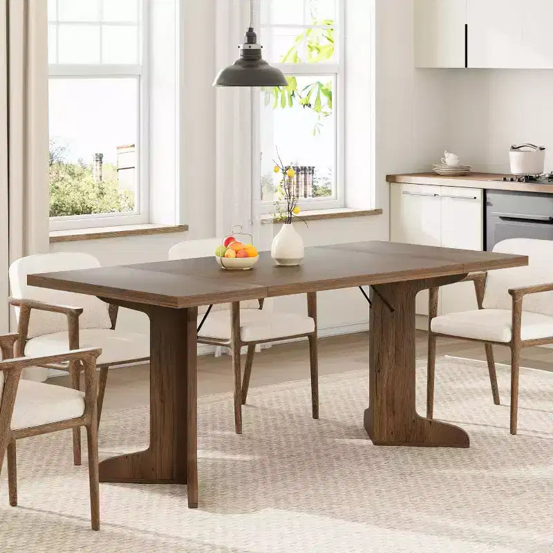 Table de salle à manger rectangulaire de 180 cm, coloris noir/noyer/bois, 6 à 8 places, pieds en bois en forme de C