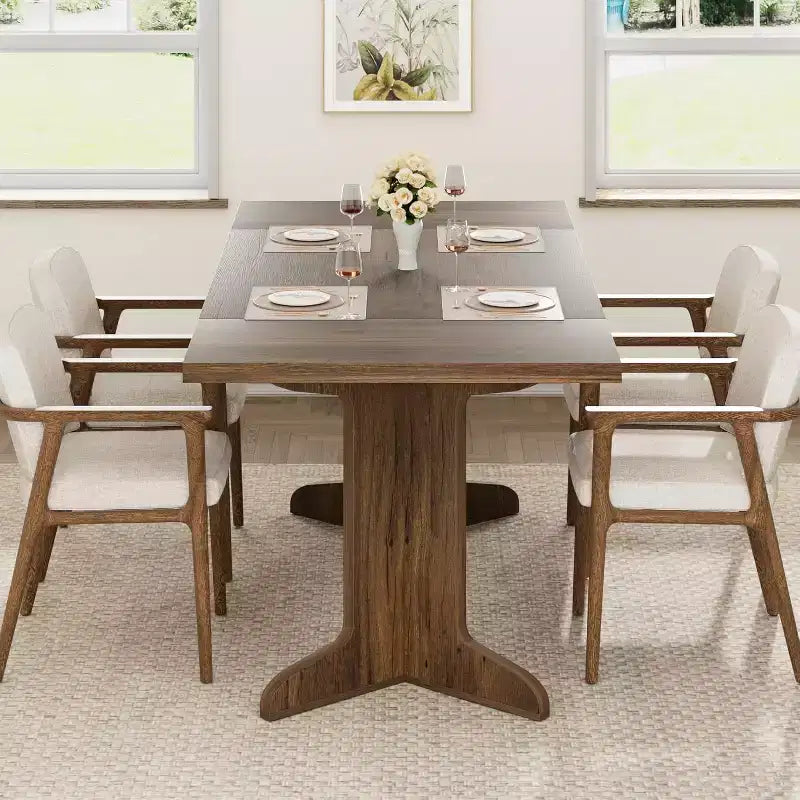Table de salle à manger rectangulaire de 180 cm, coloris noir/noyer/bois, 6 à 8 places, pieds en bois en forme de C