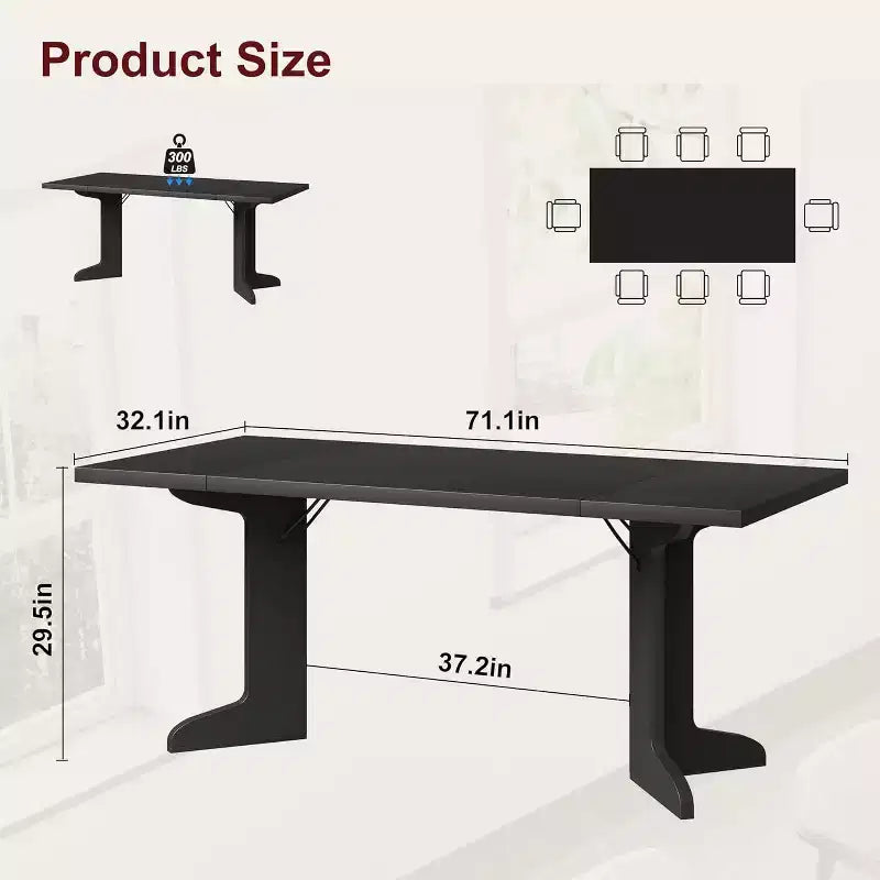 Table de salle à manger rectangulaire de 180 cm, coloris noir/noyer/bois, 6 à 8 places, pieds en bois en forme de C