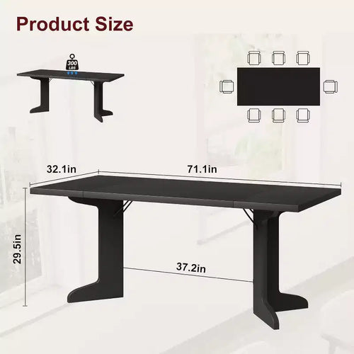 Table de salle à manger rectangulaire de 180 cm, coloris noir/noyer/bois, 6 à 8 places, pieds en bois en forme de C