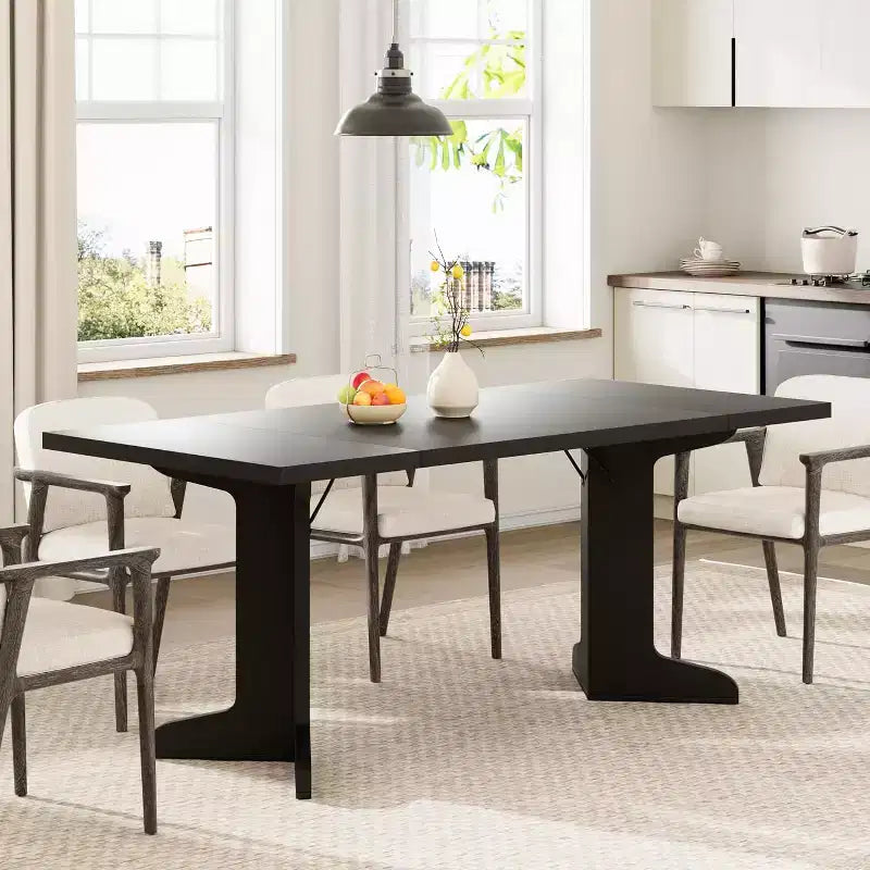 Table de salle à manger rectangulaire de 180 cm, coloris noir/noyer/bois, 6 à 8 places, pieds en bois en forme de C