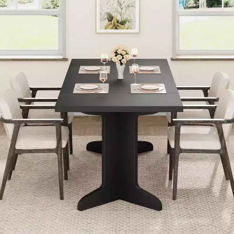 Table de salle à manger rectangulaire de 180 cm, coloris noir/noyer/bois, 6 à 8 places, pieds en bois en forme de C