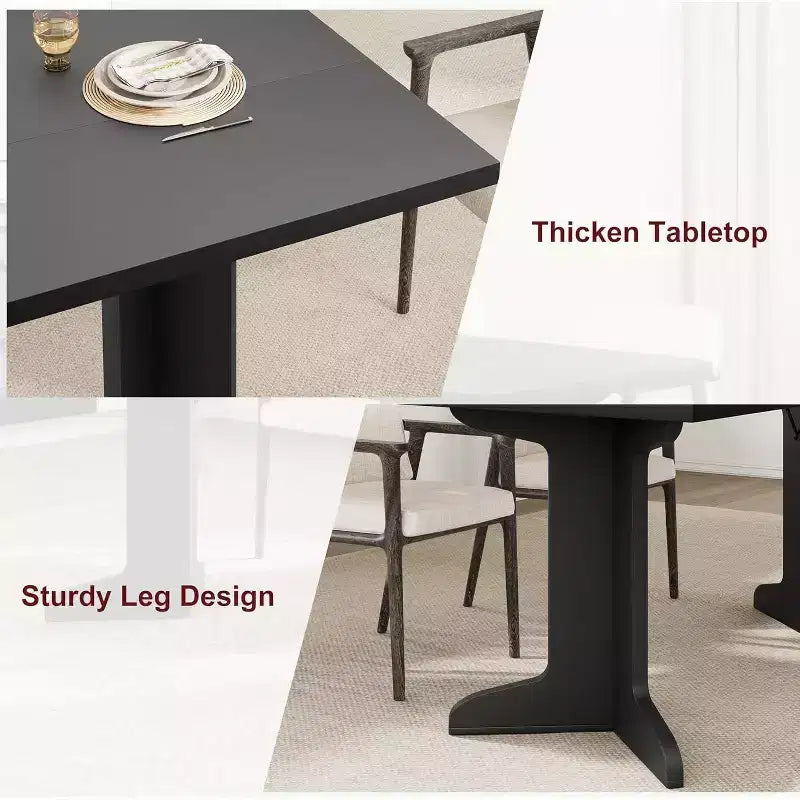 Table de salle à manger rectangulaire de 180 cm, coloris noir/noyer/bois, 6 à 8 places, pieds en bois en forme de C