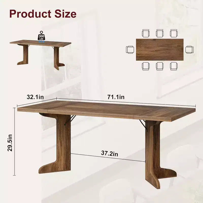 Table de salle à manger rectangulaire de 180 cm, coloris noir/noyer/bois, 6 à 8 places, pieds en bois en forme de C