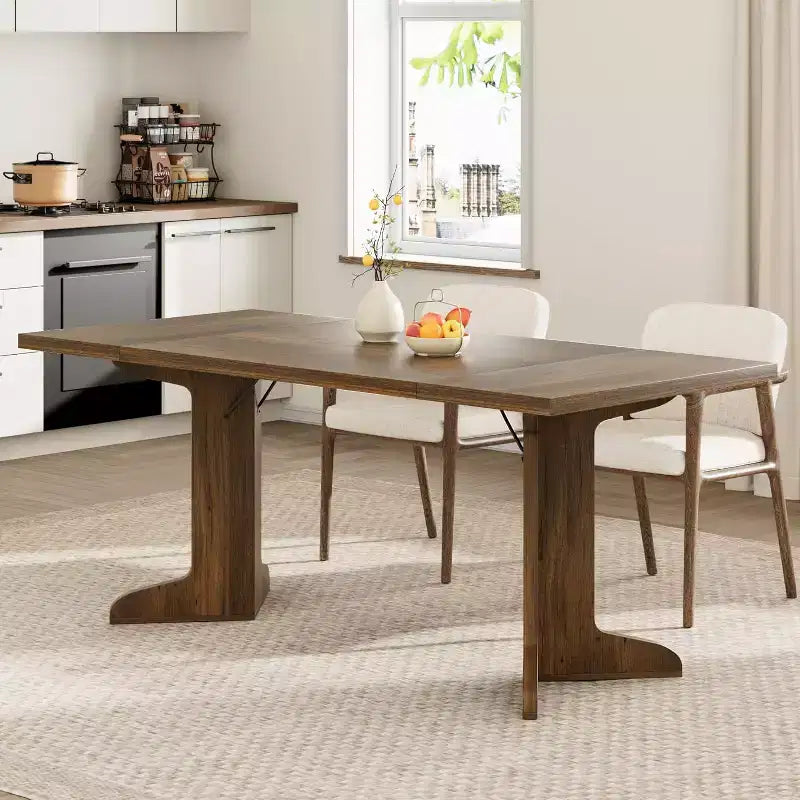Table de salle à manger rectangulaire de 180 cm, coloris noir/noyer/bois, 6 à 8 places, pieds en bois en forme de C