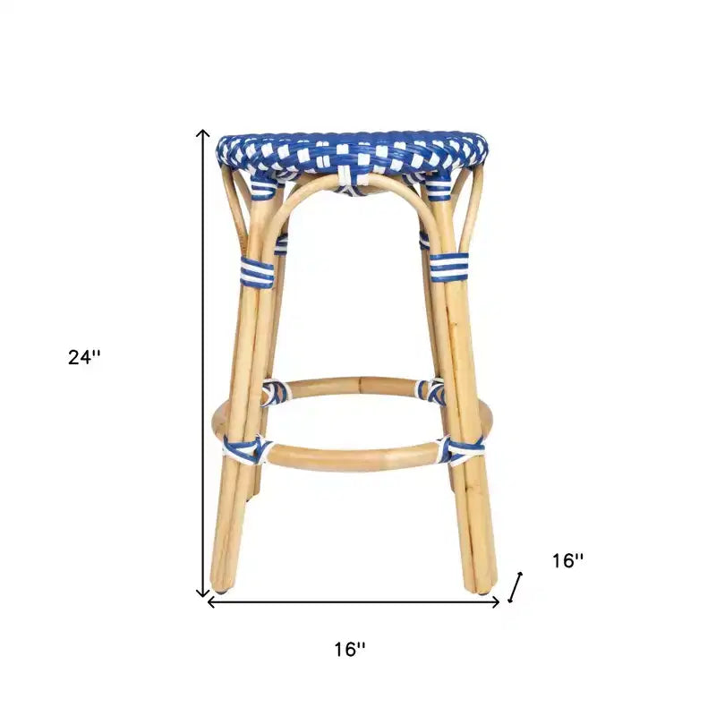 HomeRoots Tabouret de bar sans dossier à hauteur de comptoir robuste en rotin bleu, blanc et bois marron de 24 po