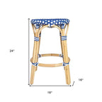 HomeRoots Tabouret de bar sans dossier à hauteur de comptoir robuste en rotin bleu, blanc et bois marron de 24 po