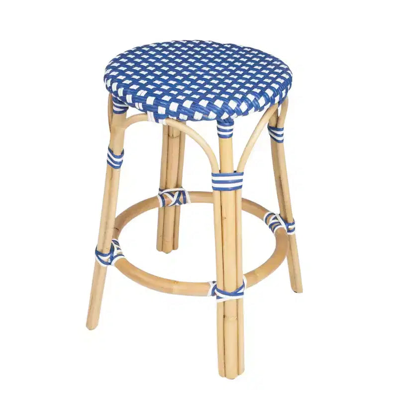 HomeRoots Tabouret de bar sans dossier à hauteur de comptoir robuste en rotin bleu, blanc et bois marron de 24 po