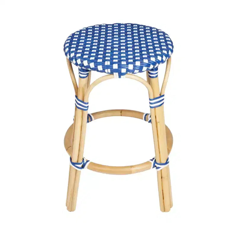 HomeRoots Tabouret de bar sans dossier à hauteur de comptoir robuste en rotin bleu, blanc et bois marron de 24 po