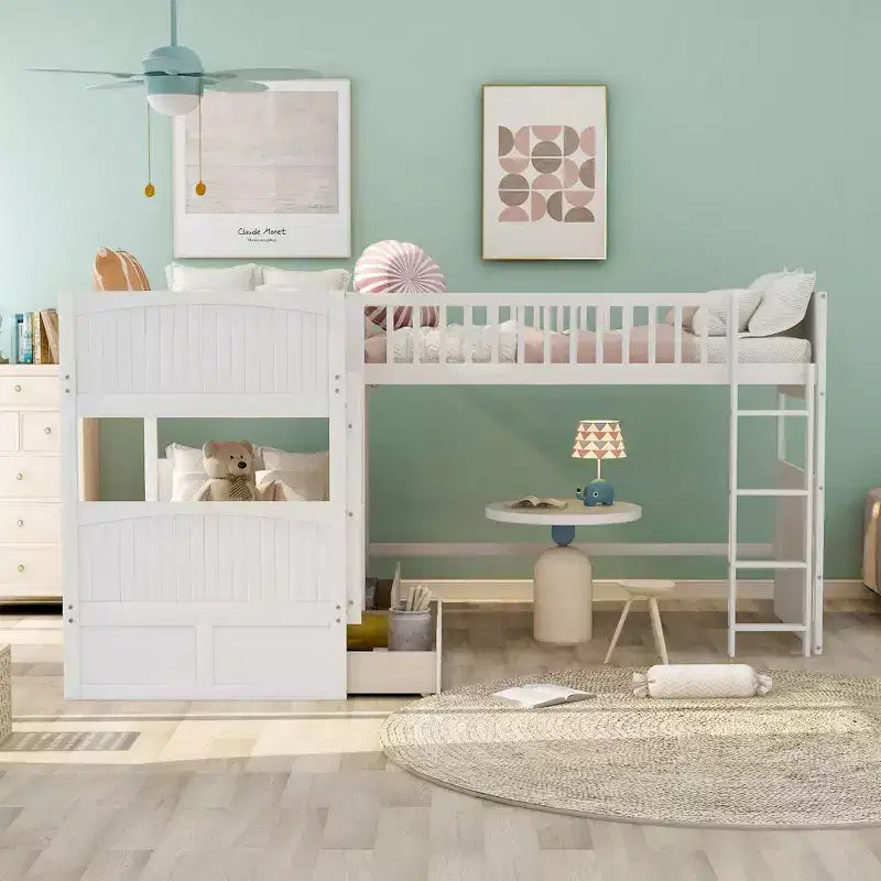 Lit mezzanine triple Okak avec rangement, lits superposés peu encombrants avec 2 tiroirs et aire de jeux en dessous, lits mezzanine hauts pour enfants et adolescents