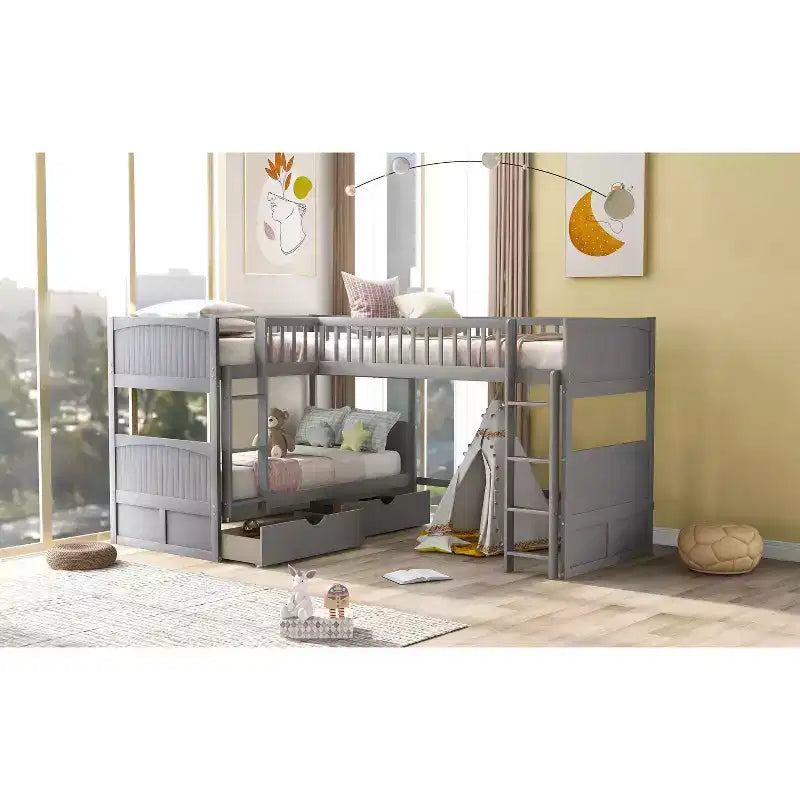 Lit mezzanine triple Okak avec rangement, lits superposés peu encombrants avec 2 tiroirs et aire de jeux en dessous, lits mezzanine hauts pour enfants et adolescents