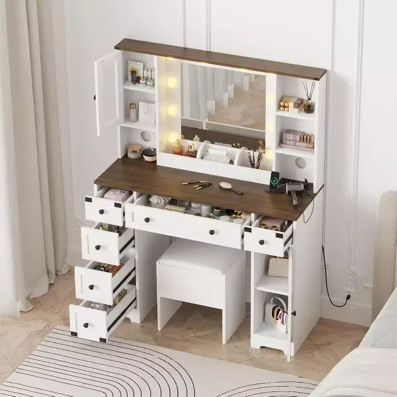 Coiffeuse avec grand miroir LED lumineux 3 modes, coiffeuse en bois pour chambre à coucher avec prise de courant, tiroirs, tabouret de rangement, rose