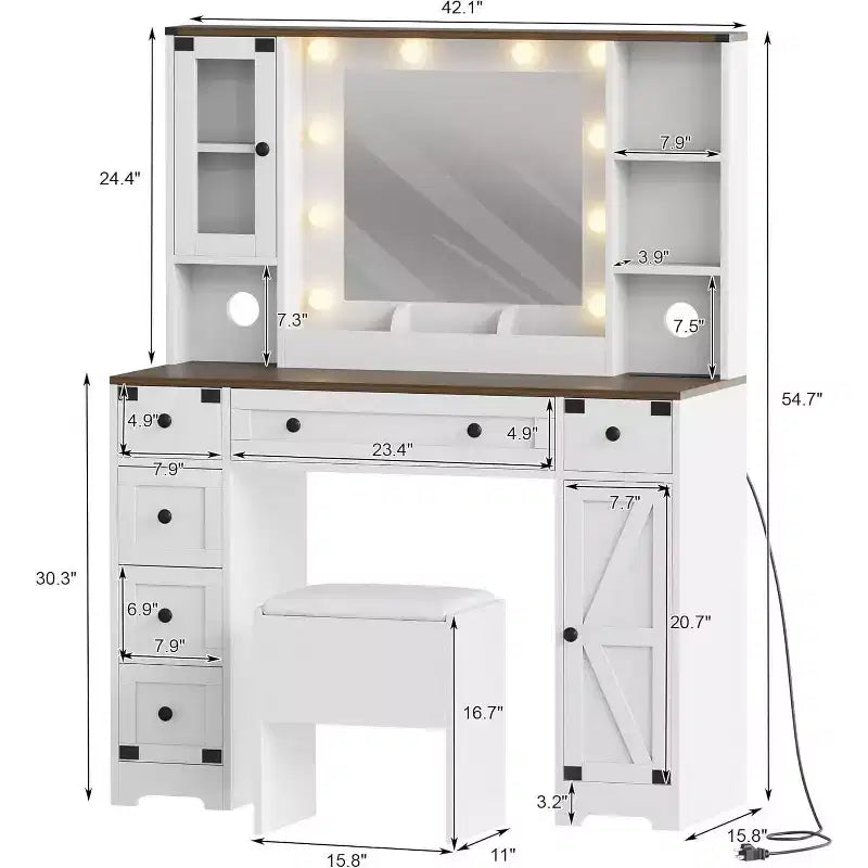 Coiffeuse avec grand miroir LED lumineux 3 modes, coiffeuse en bois pour chambre à coucher avec prise de courant, tiroirs, tabouret de rangement, rose