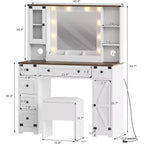 Coiffeuse avec grand miroir LED lumineux 3 modes, coiffeuse en bois pour chambre à coucher avec prise de courant, tiroirs, tabouret de rangement, rose