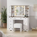 Coiffeuse avec grand miroir LED lumineux 3 modes, coiffeuse en bois pour chambre à coucher avec prise de courant, tiroirs, tabouret de rangement, rose