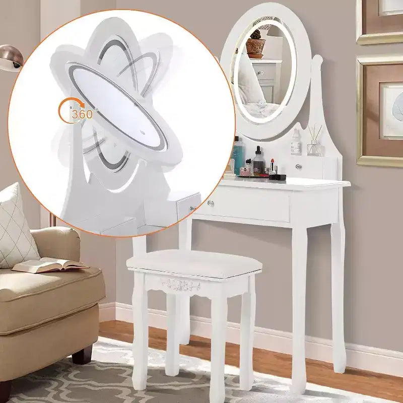 Coiffeuse avec grand miroir LED lumineux 3 modes, coiffeuse en bois pour chambre à coucher avec prise de courant, tiroirs, tabouret de rangement, rose