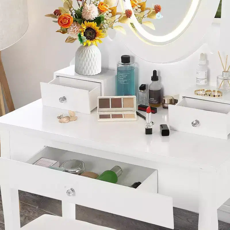 Coiffeuse avec grand miroir LED lumineux 3 modes, coiffeuse en bois pour chambre à coucher avec prise de courant, tiroirs, tabouret de rangement, rose