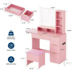 Coiffeuse avec grand miroir LED lumineux 3 modes, coiffeuse en bois pour chambre à coucher avec prise de courant, tiroirs, tabouret de rangement, rose