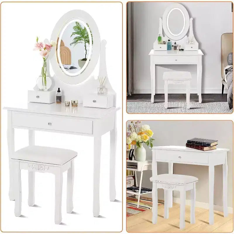 Coiffeuse avec grand miroir LED lumineux 3 modes, coiffeuse en bois pour chambre à coucher avec prise de courant, tiroirs, tabouret de rangement, rose