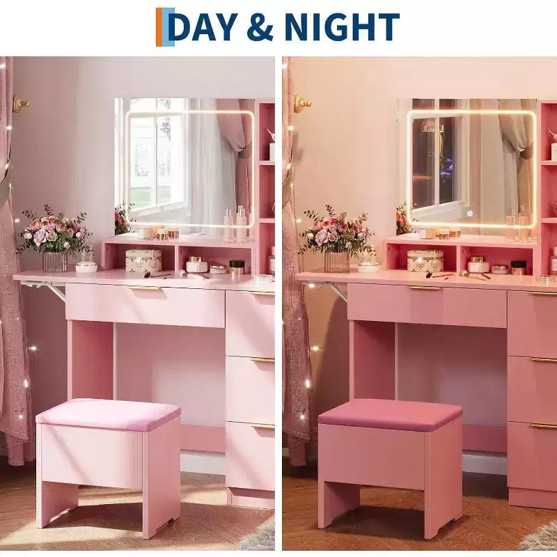 Coiffeuse avec grand miroir LED lumineux 3 modes, coiffeuse en bois pour chambre à coucher avec prise de courant, tiroirs, tabouret de rangement, rose