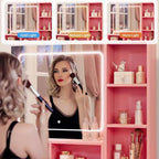 Coiffeuse avec grand miroir LED lumineux 3 modes, coiffeuse en bois pour chambre à coucher avec prise de courant, tiroirs, tabouret de rangement, rose