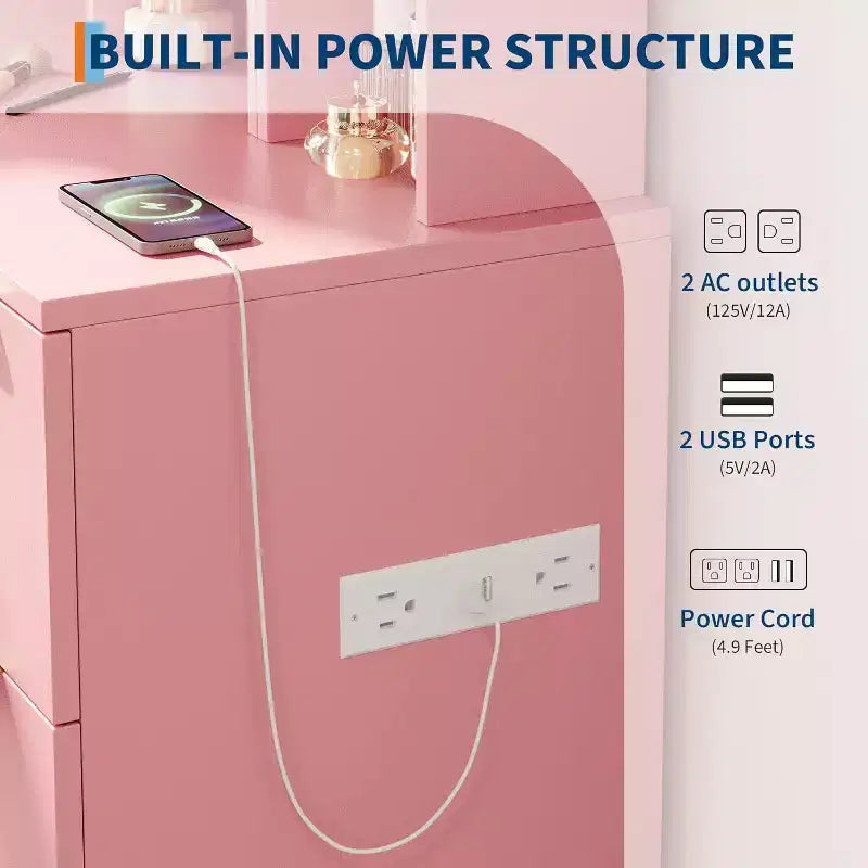 Coiffeuse avec grand miroir LED lumineux 3 modes, coiffeuse en bois pour chambre à coucher avec prise de courant, tiroirs, tabouret de rangement, rose
