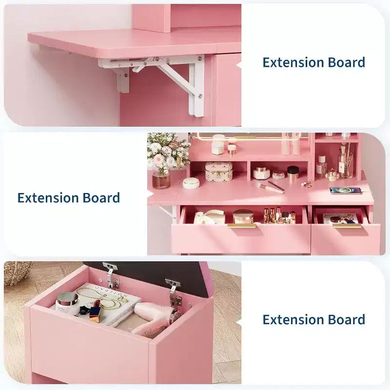Coiffeuse avec grand miroir LED lumineux 3 modes, coiffeuse en bois pour chambre à coucher avec prise de courant, tiroirs, tabouret de rangement, rose