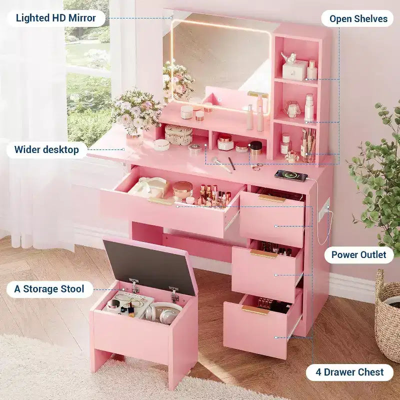 Coiffeuse avec grand miroir LED lumineux 3 modes, coiffeuse en bois pour chambre à coucher avec prise de courant, tiroirs, tabouret de rangement, rose