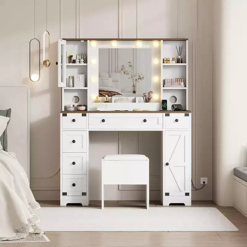 Coiffeuse avec grand miroir LED lumineux 3 modes, coiffeuse en bois pour chambre à coucher avec prise de courant, tiroirs, tabouret de rangement, rose
