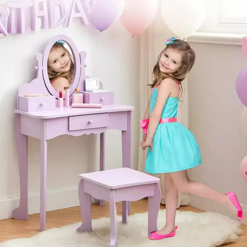 Coiffeuse violette avec miroir et tabouret, pour 1 enfant