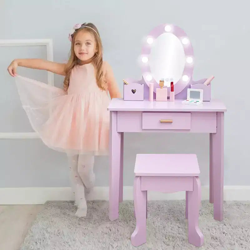 Coiffeuse violette avec miroir et tabouret, pour 1 enfant