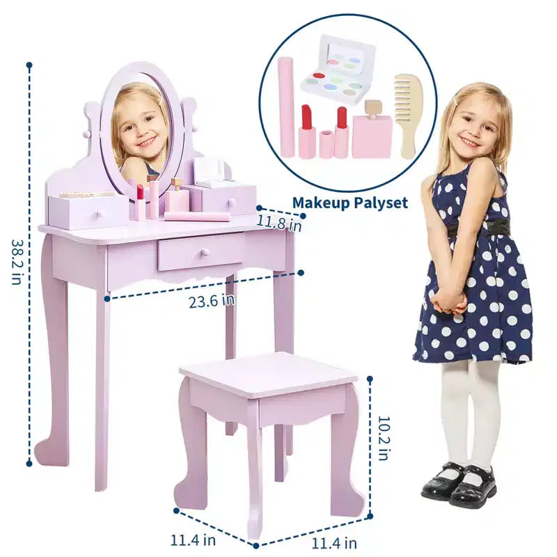Coiffeuse violette avec miroir et tabouret, pour 1 enfant