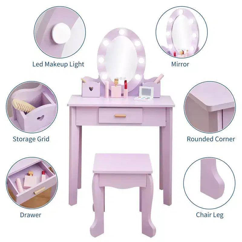 Coiffeuse violette avec miroir et tabouret, pour 1 enfant