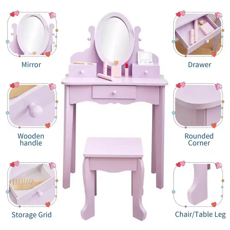 Coiffeuse violette avec miroir et tabouret, pour 1 enfant