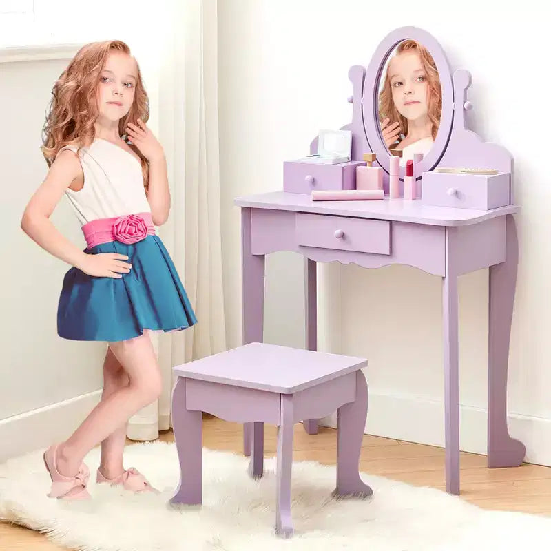 Coiffeuse violette avec miroir et tabouret, pour 1 enfant