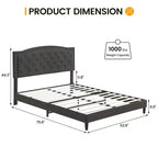 Lit plateforme rembourré noir/gris avec tête de lit capitonnée et clous décoratifs, Grand lit / Très grand lit, 2 personnes