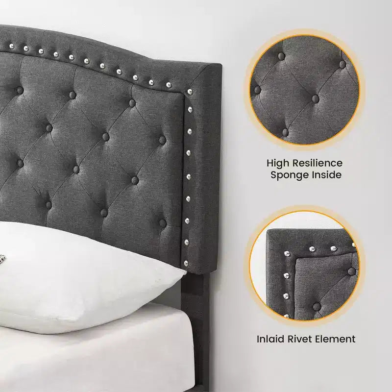 Lit plateforme rembourré noir/gris avec tête de lit capitonnée et clous décoratifs, Grand lit / Très grand lit, 2 personnes