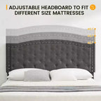 Lit plateforme rembourré noir/gris avec tête de lit capitonnée et clous décoratifs, Grand lit / Très grand lit, 2 personnes