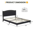 Lit plateforme rembourré noir/gris avec tête de lit capitonnée et clous décoratifs, Grand lit / Très grand lit, 2 personnes