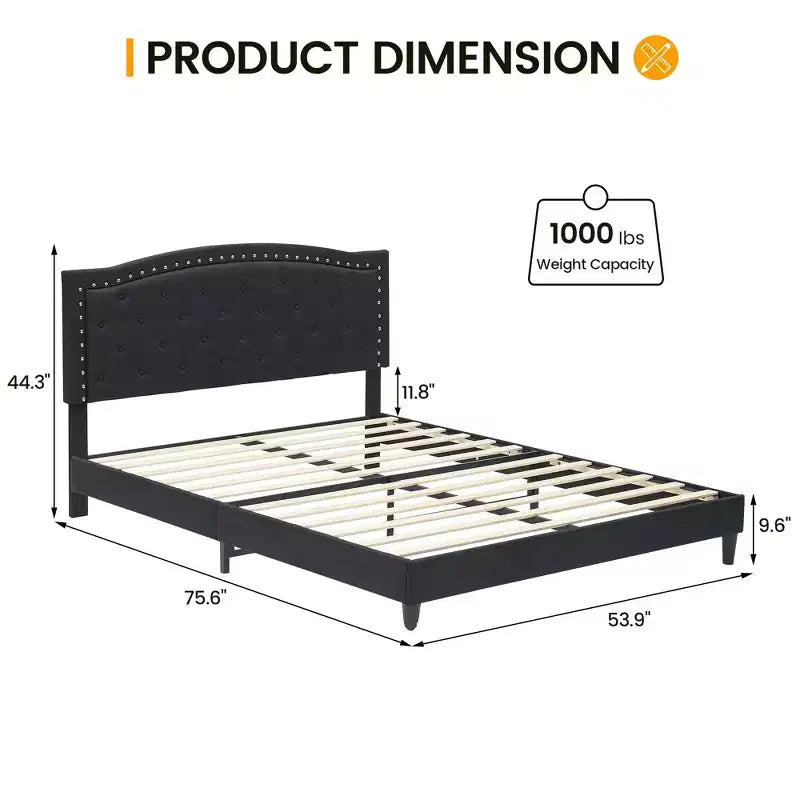 Lit plateforme rembourré noir/gris avec tête de lit capitonnée et clous décoratifs, Grand lit / Très grand lit, 2 personnes