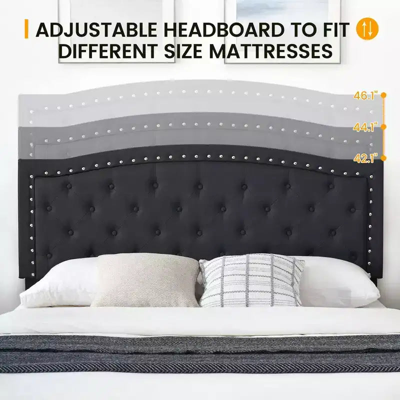 Lit plateforme rembourré noir/gris avec tête de lit capitonnée et clous décoratifs, Grand lit / Très grand lit, 2 personnes