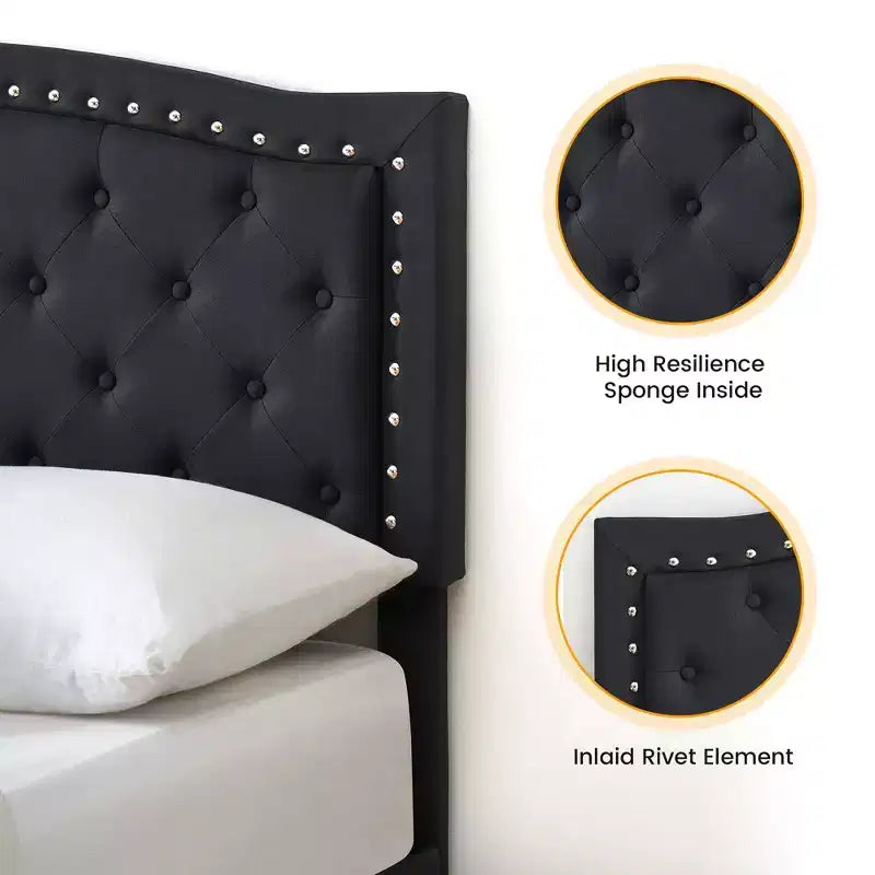 Lit plateforme rembourré noir/gris avec tête de lit capitonnée et clous décoratifs, Grand lit / Très grand lit, 2 personnes