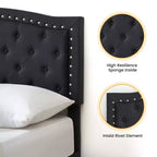 Lit plateforme rembourré noir/gris avec tête de lit capitonnée et clous décoratifs, Grand lit / Très grand lit, 2 personnes