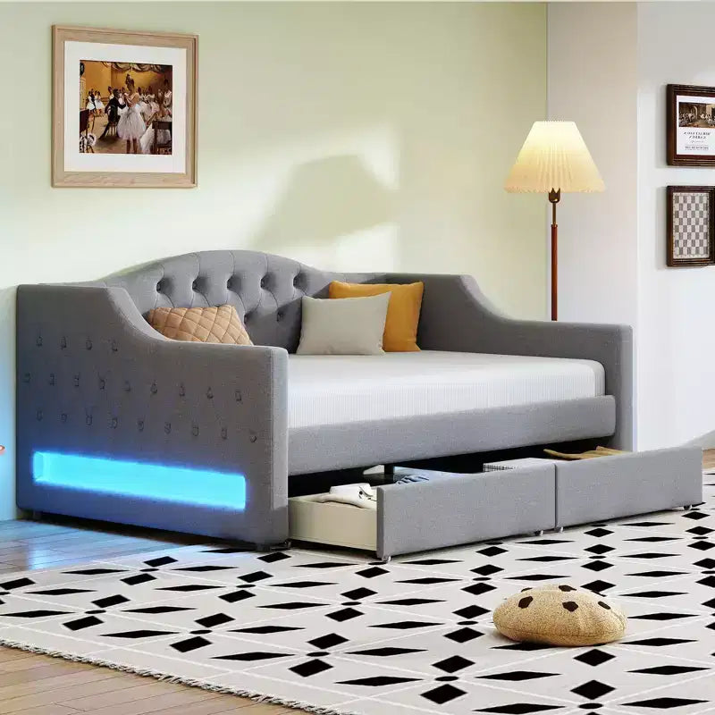 Lit de repos capitonné Twin XL avec lumières LED, Beige / Gris, 1 personne
