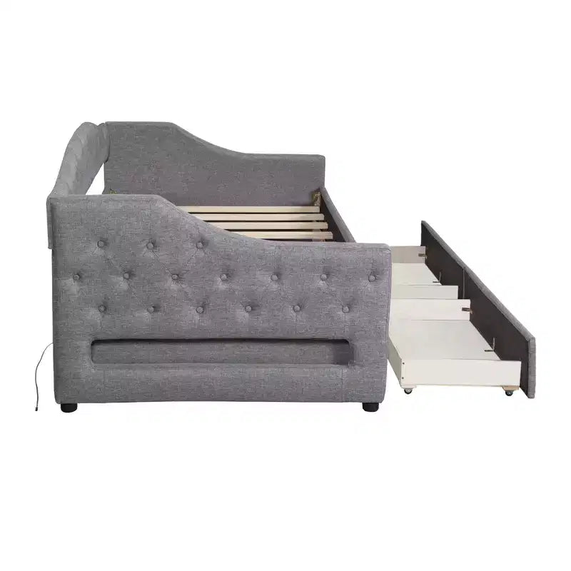 Lit de repos capitonné Twin XL avec lumières LED, Beige / Gris, 1 personne